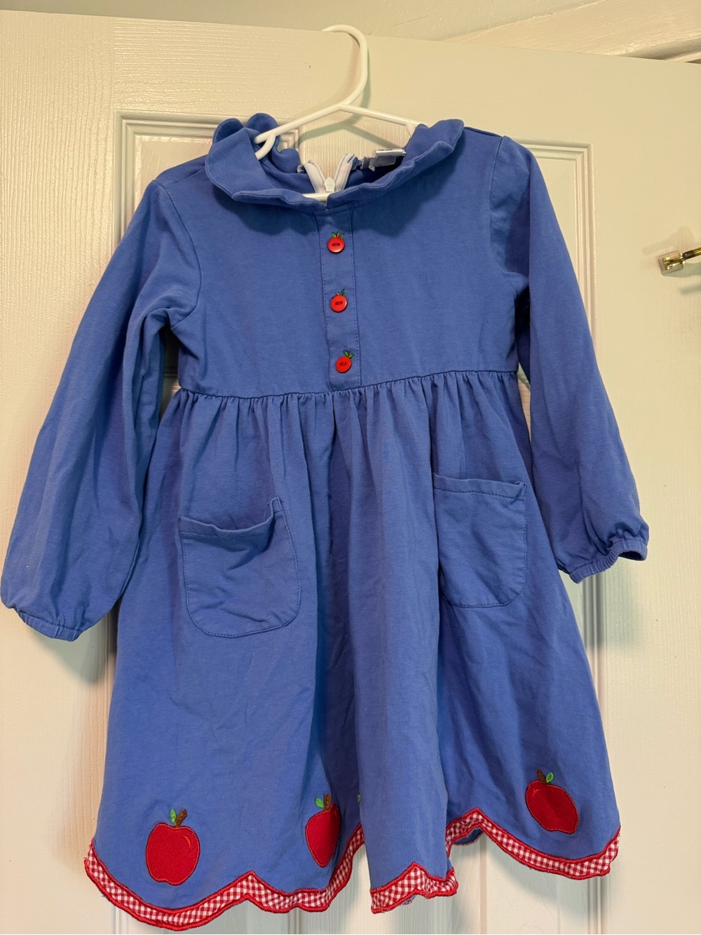 Girls Blue Apple Appliqué Long-Sleeve Dress
